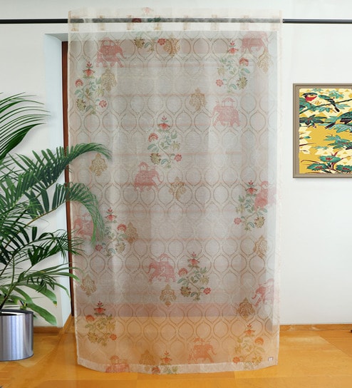 Beige Polyester Floral 7ft Sheer Fabric Loops Door Curtain by Zeba
