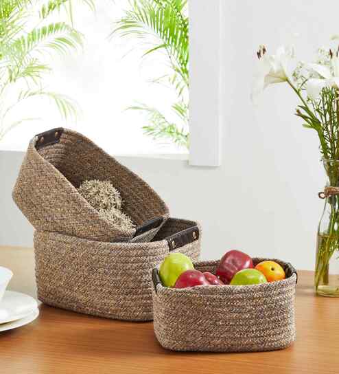 Beige Polypropelyene Braided Tri Color Storage Basket