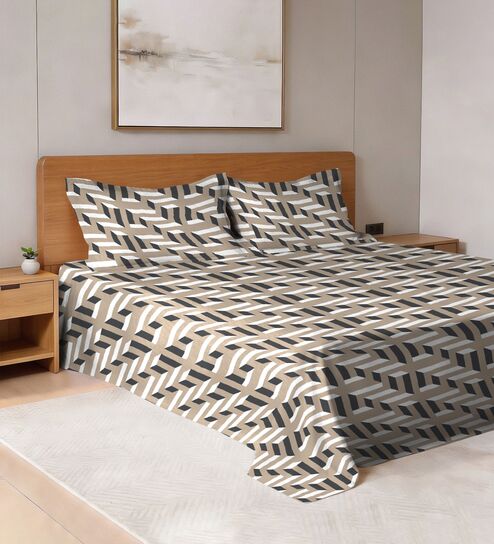 Beige Print Printed 400 TC Cotton Super King Sized Bedsheet with 2 Pillow Covers