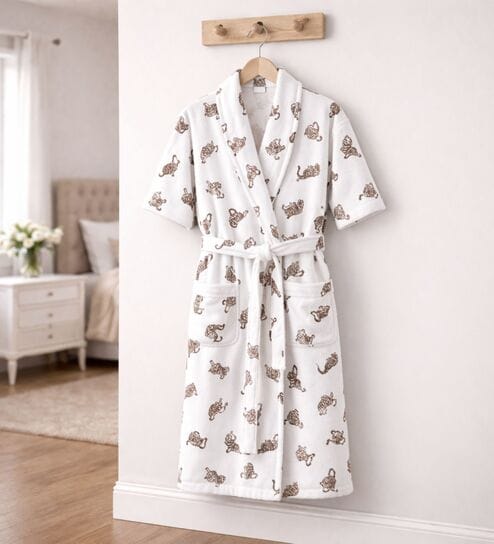 Beige Printed Cotton Women Bath Robe With Belt (L)