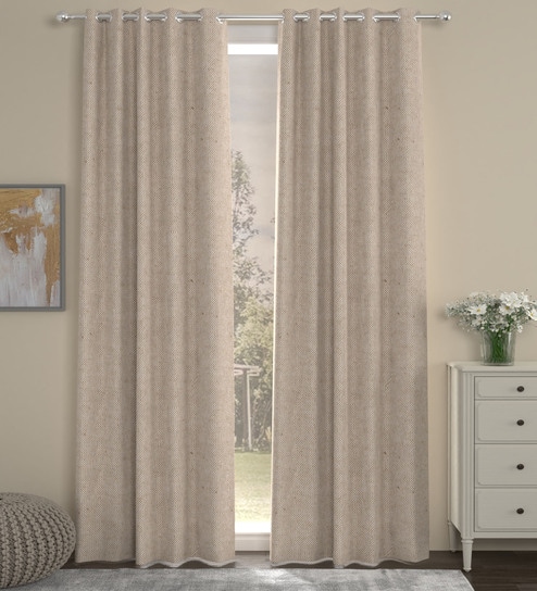 Beige Polycotton Solid 7ft Semisheer Eyelet 2 Pcs Door Curtains