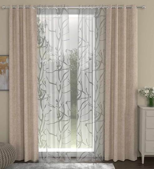 Beige Polycotton Abstract 7ft Semisheer Eyelet 4 Pcs Door Curtains by ROSARAHOME