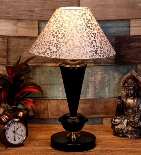 Beige & Gold Shade Table Lamp With Metal Base By Foziq