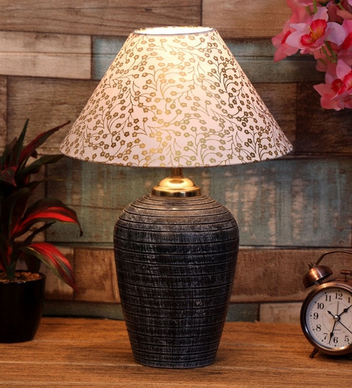Beige & Gold Shade Table Lamp With Terracotta Base By Foziq