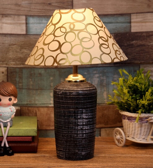 Beige & Gold Shade Table Lamp With Terracotta Base By Foziq