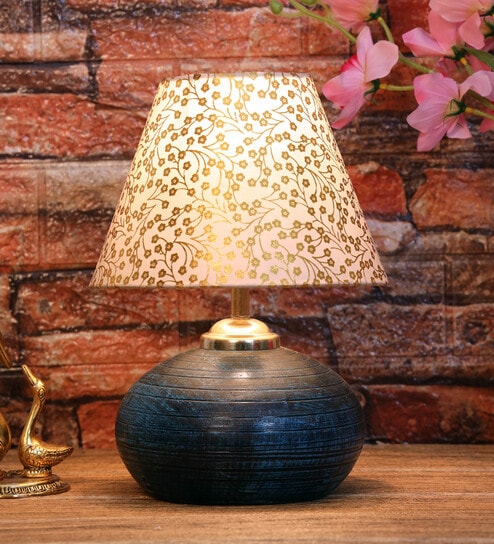 Beige & Gold Shade Table Lamp With Terracotta Base By Foziq