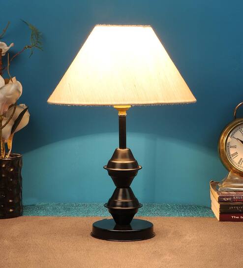 Beige Shade Table Lamp With Black Metal Base by Foziq