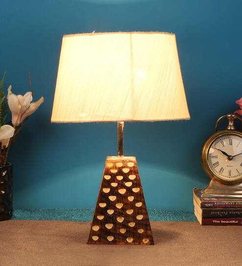 Beige Shade Table Lamp With Brown Woodden Base