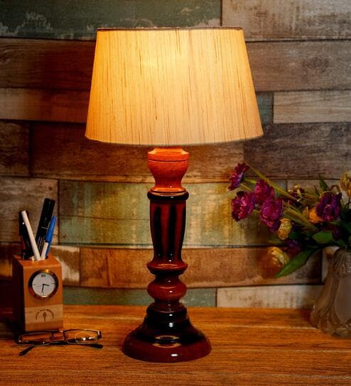Contemporary Beige Fabric Shade Night Lamp With Wood Base By BrightDaisy