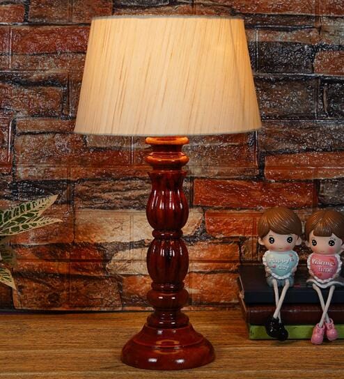 Naeva Beige Fabric Shade Night Lamp With Wood Base By BrightDaisy