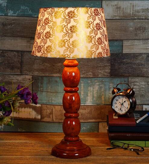 Designer Beige Fabric Shade Night Lamp With Wood Base By BrightDaisy