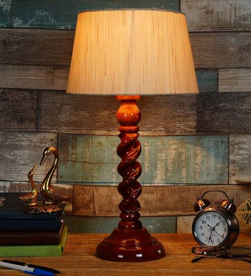 Kevin Beige Fabric Shade Night Lamp With Wood Base By BrightDaisy