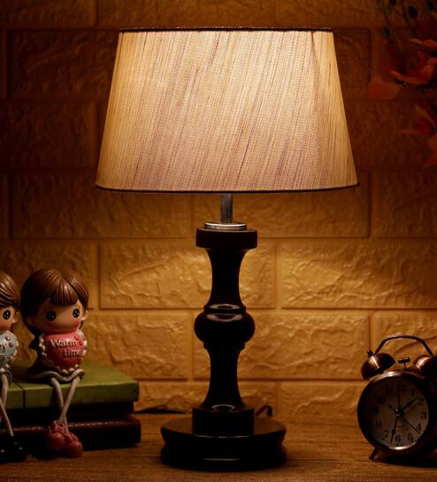 Eros Beige Fabric Shade Night Lamp With Wood Base By BrightDaisy