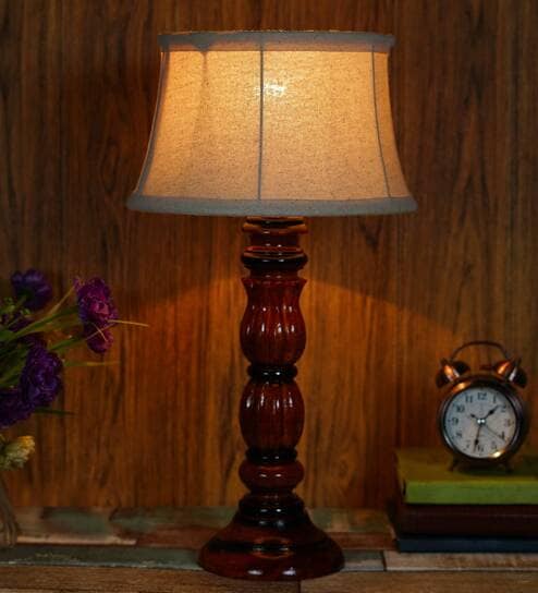 Hubert Beige Fabric Shade Night Lamp With Wood Base By BrightDaisy