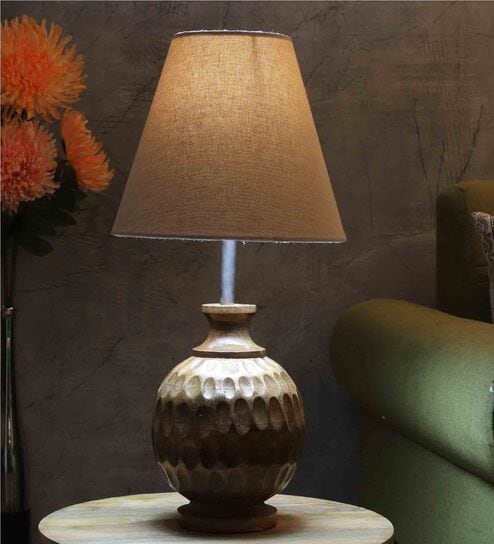 Flamingo Beige Fabric Shade Night Lamp With Wood Base