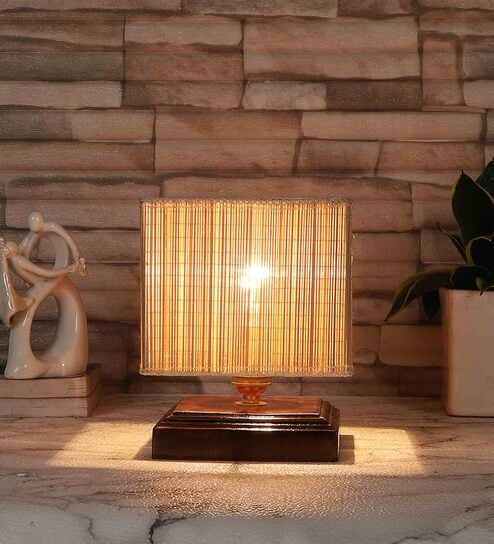 Pisa Beige Bamboo Shade Night Lamp With Wood Base By New Era
