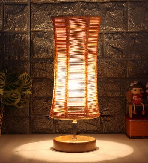 Fergal Beige Bamboo Shade Table Lamp With Wood Base by New Era