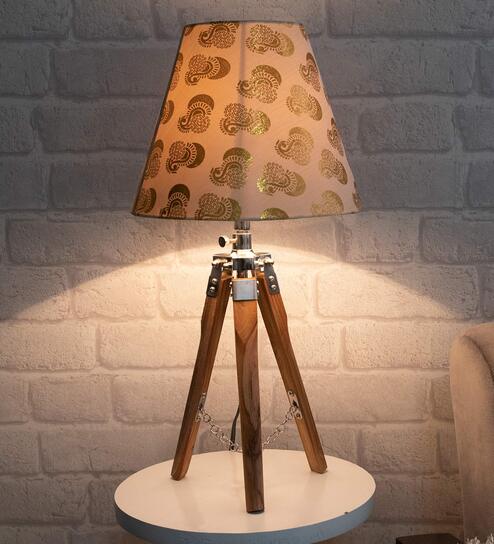 Beige Shade Table Lamp With Wooden Base