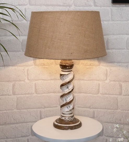 Beige Shade Table Lamp With Wooden Base