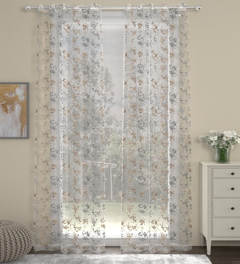 White  Polyester FLoral 7ft Sheer Eyelet 2 Pcs Door Curtains by ROSARAHOME