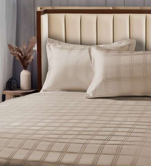 Beige Solid 300 TC Cotton King Sized Fitted Bedsheet with 2 Pillow Covers