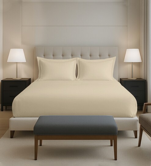 Beige Solid 400 TC Cotton King Sized Fitted sheet with 2 Pillow Covers