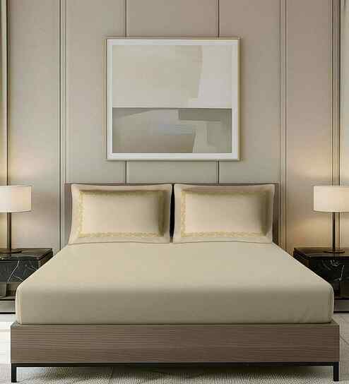Beige Solid Beige With Scallop Border 1000 TC Cotton King Double Bedsheet With 2 Pillow Covers