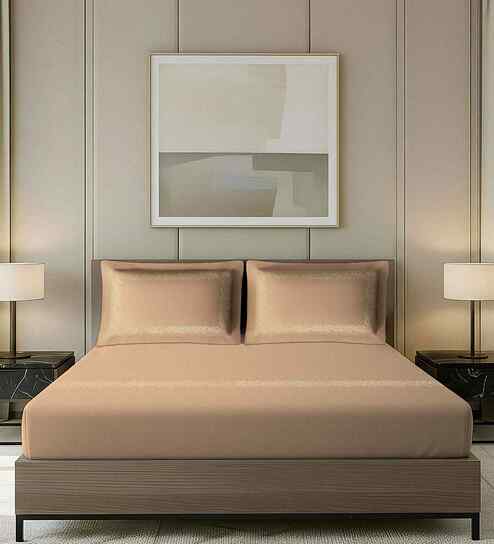 Beige Solid Colour Base With Leaf Embroidery 500 Tc Cotton King Double Bedsheet With 2 Pillow Covers