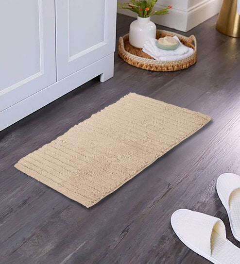 Beige Solid Cotton 24x16 Inches AntiSkid Bath Mat by Maspar
