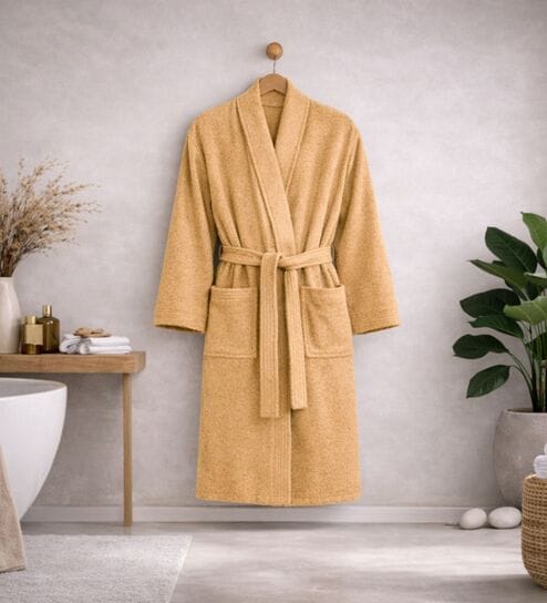 Beige Solid Cotton Men Bath Robe With Belt (S)