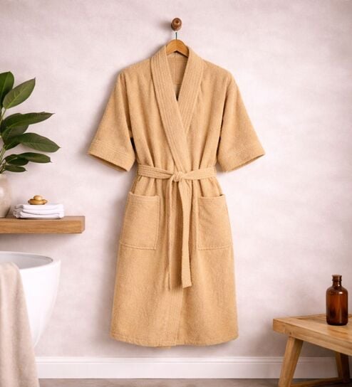 Beige Solid Cotton Women Bath Robe With Belt (XL)