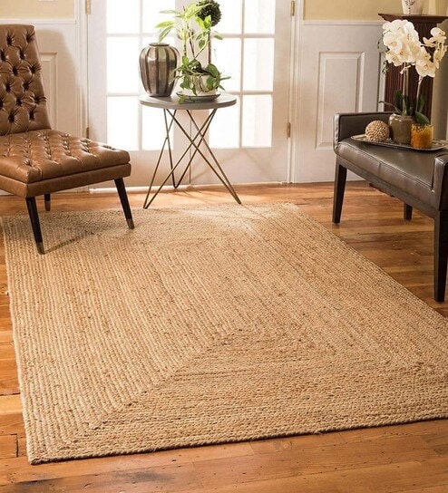 Beige Solid Jute 3 ft x 5 ft Hand Woven Carpet by HabereIndia