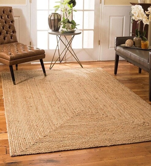Beige Solid Jute 5 ft x 7 ft Hand Woven Carpet by HabereIndia