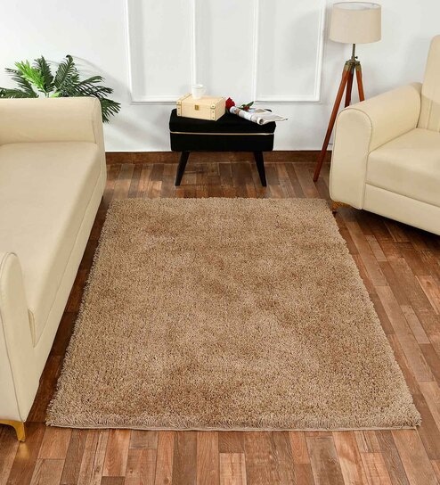 Beige Solid Polyester 3 ft x 5 ft Machine made Carpet