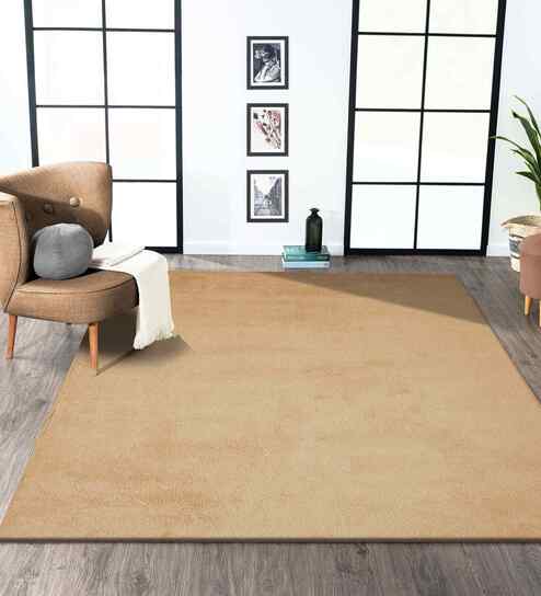 Beige Solid Polyester 4x6 Feet Machine Made Carpet