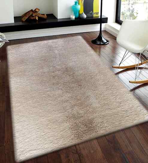 Beige Solid Polyester 4x6 Feet Machine Made Carpet