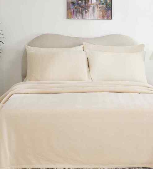 Beige Solid TC 325 Cotton Polyester Double Bed Bedcover
