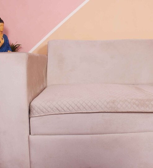 Beige Solid Velvet 1 Seater Quilted Sofa Cover (Protector)