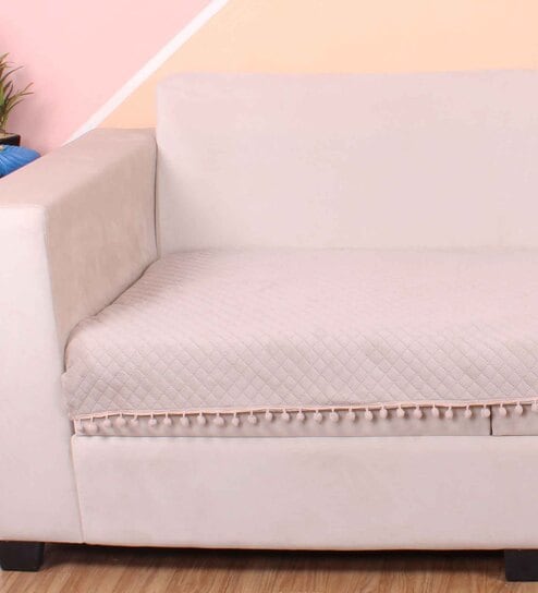 Beige Solid Velvet 1 Seater Quilted Sofa Cover (Protector) with Pompom