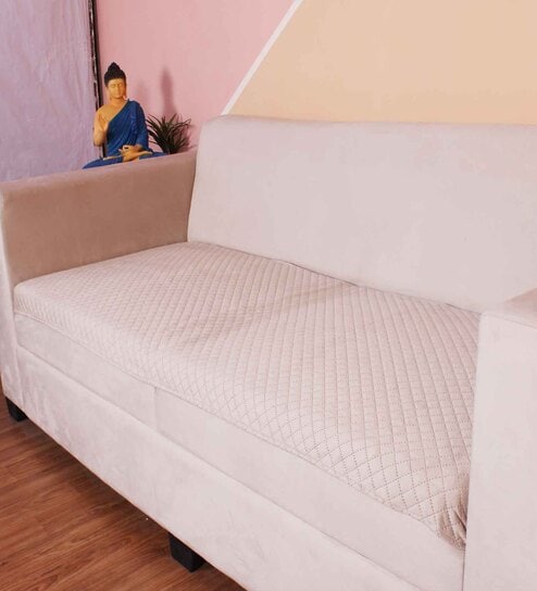 Beige Solid Velvet 2 Seater Quilted Sofa Cover (Protector)