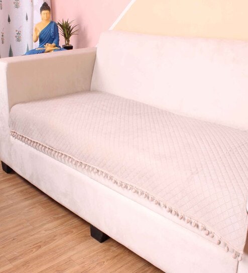 Beige Solid Velvet 2 Seater Quilted Sofa Cover (Protector) with Pompom
