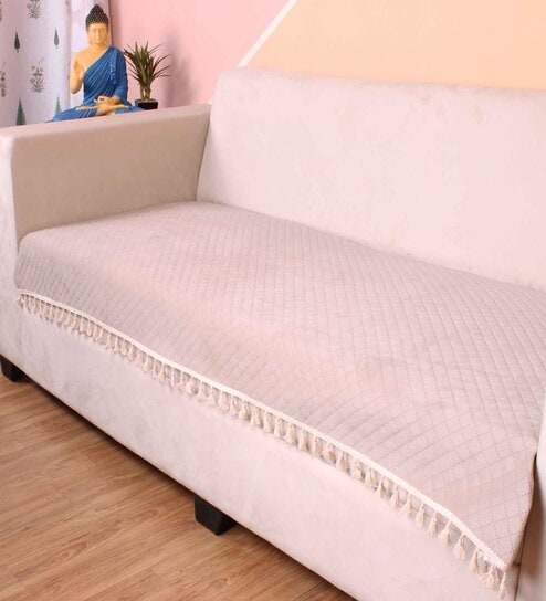 Beige Solid Velvet 2 Seater Quilted Sofa Cover (Protector) with Tassel