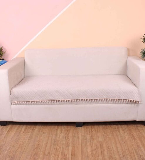 Beige Solid Velvet 3 Seater Quilted Sofa Cover (Protector) with Pompom