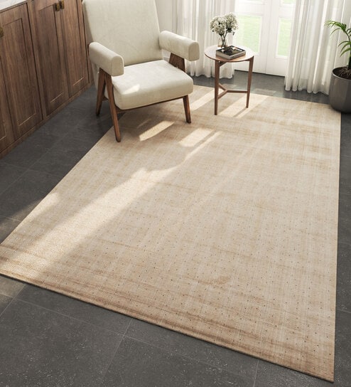 Beige Solid Viscose 5 ft X 8 ft Hand Woven Carpet