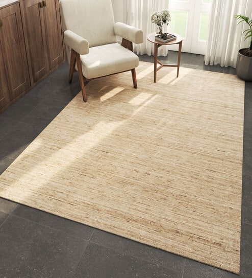 Beige Solid Wool 6 ft X 9 ft Hand Woven Carpet