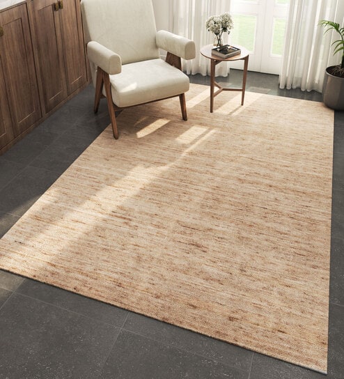 Beige Solid Wool 6 ft X 9 ft Hand Woven Carpet