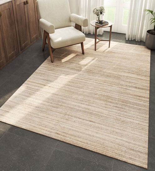 Beige Solid Wool 6 ft X 9 ft Hand Woven Carpet