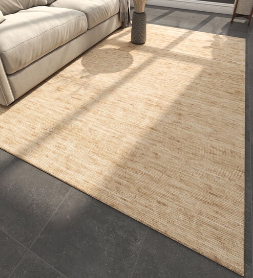 Beige Solid Wool 6 ft X 9 ft Hand Woven Carpet