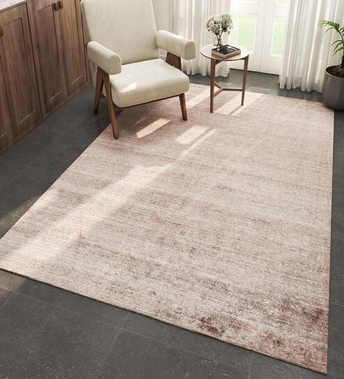 Beige Solid Wool and Bamboo Silk 5 ft X 8 ft Hand Woven Carpet