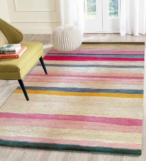 Beige Stripes Wool 4 ft x 6 ft Hand Tufted Carpet